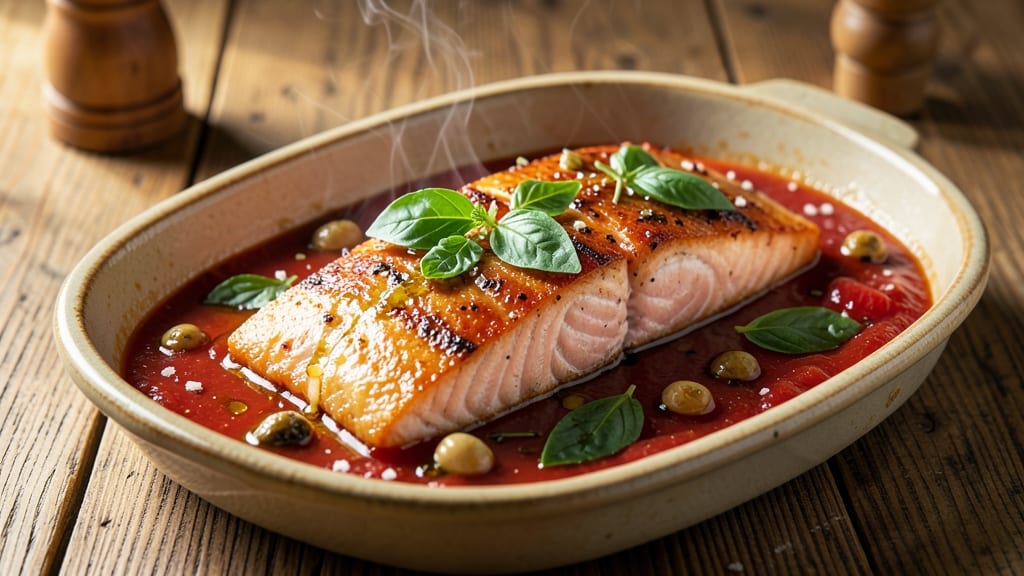 Baked Salmon in Tomato Sauce Recipe: One-Pan Umami Bomb With Herbs